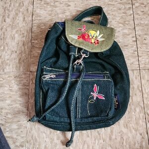 Floral Embroidered Denim Backpack